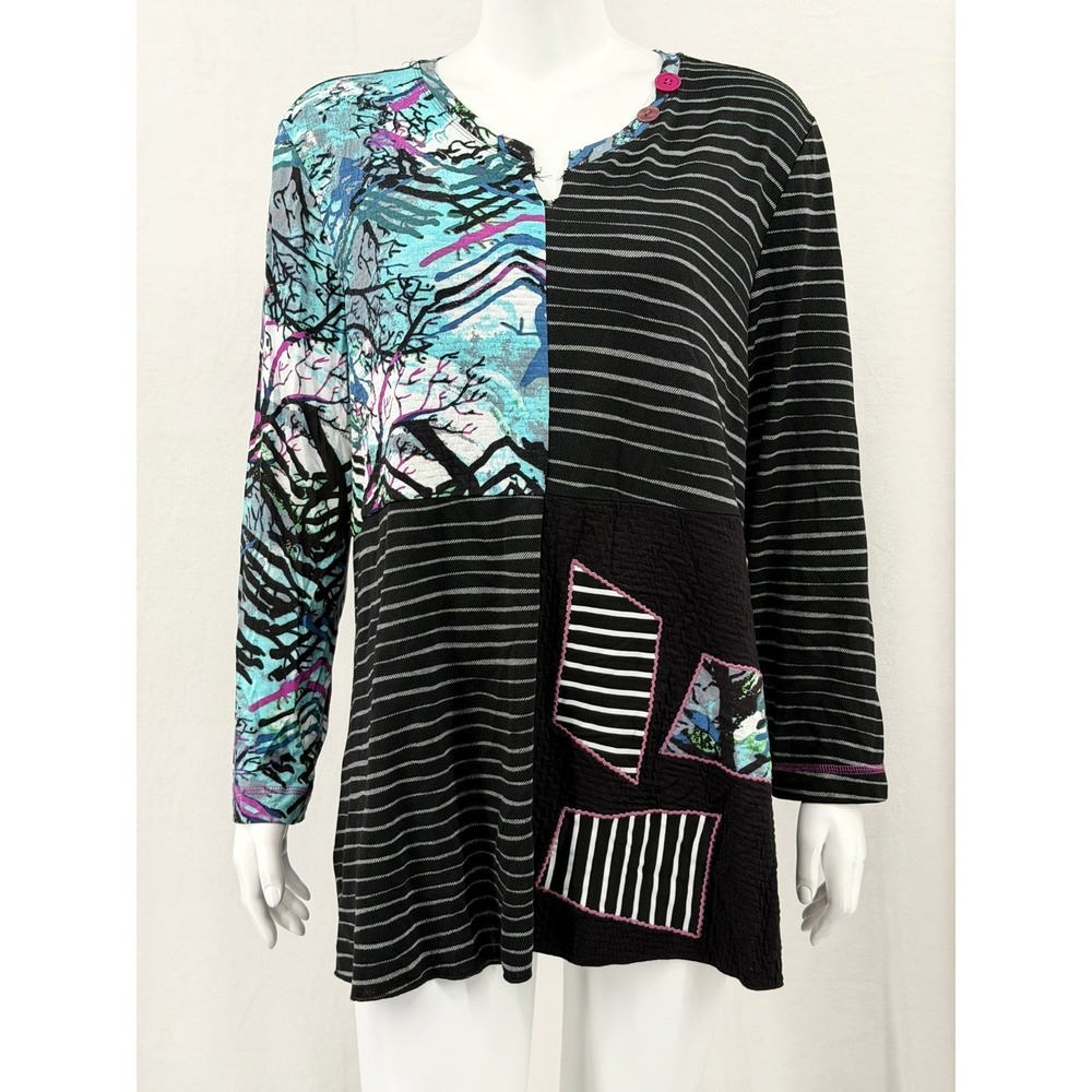 Ali Miles Top Womens Large Black Mixed Media Patchwork Abstract Tunic Artsy Boho